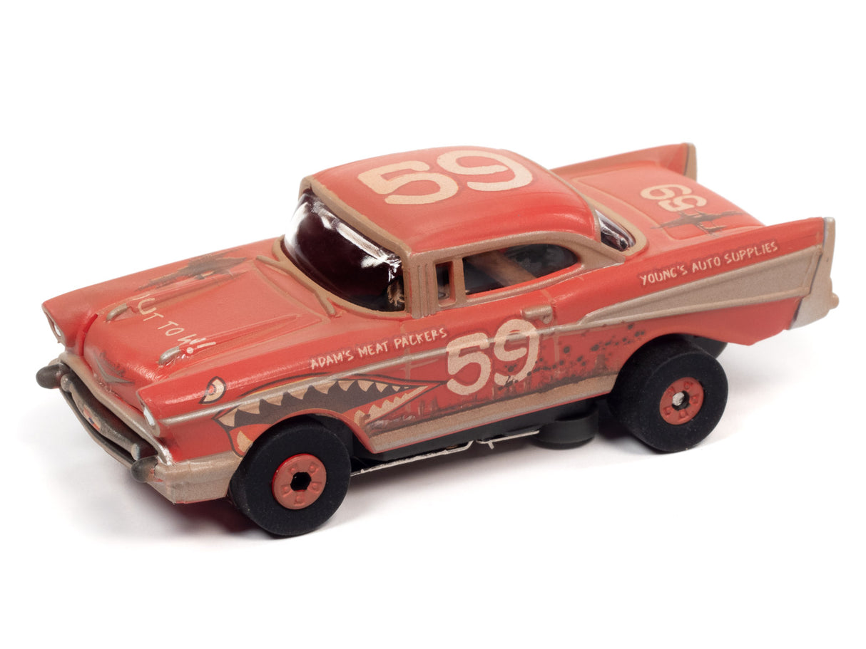 Red slot car toy car, 1957 Chevy Bel Air, with "Adam's Meat Packers" text for Auto World CP7822