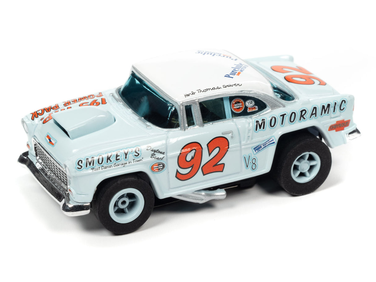 Slot car of a 1955 Chevy Bel Air, Herb Thomas #92 Smokey's for Auto World