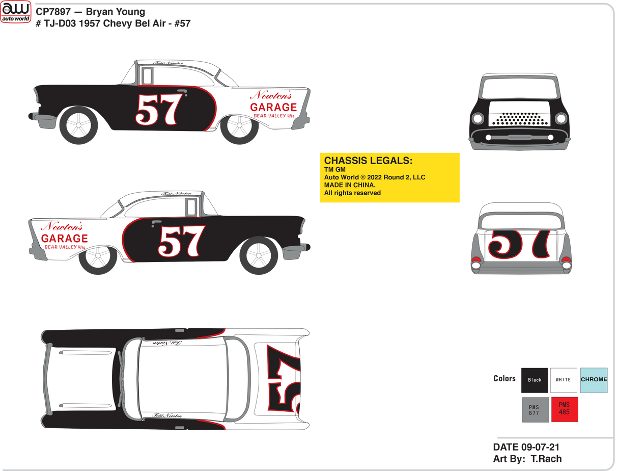 Side and top views of a 1957 Chevy Bel Air racer tribute car for Auto World CP7960