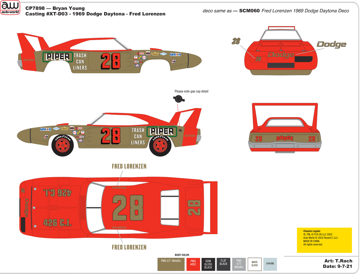 Side and top views of a 1969 Dodge Daytona race car, Fred Lorenzen #28 for Auto World CP7898