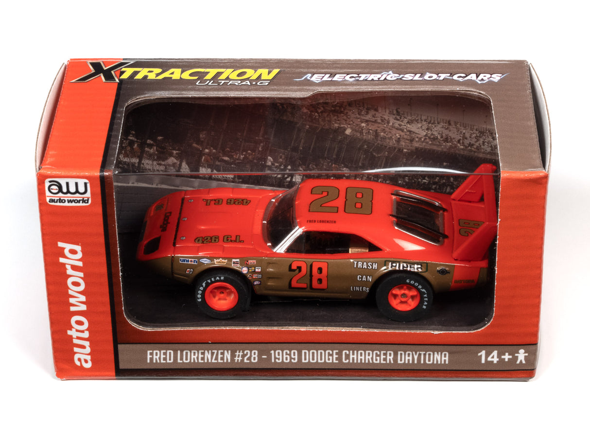 Slot car of 1969 Dodge Charger Daytona, Fred Lorenzen #28 for Auto World CP7898