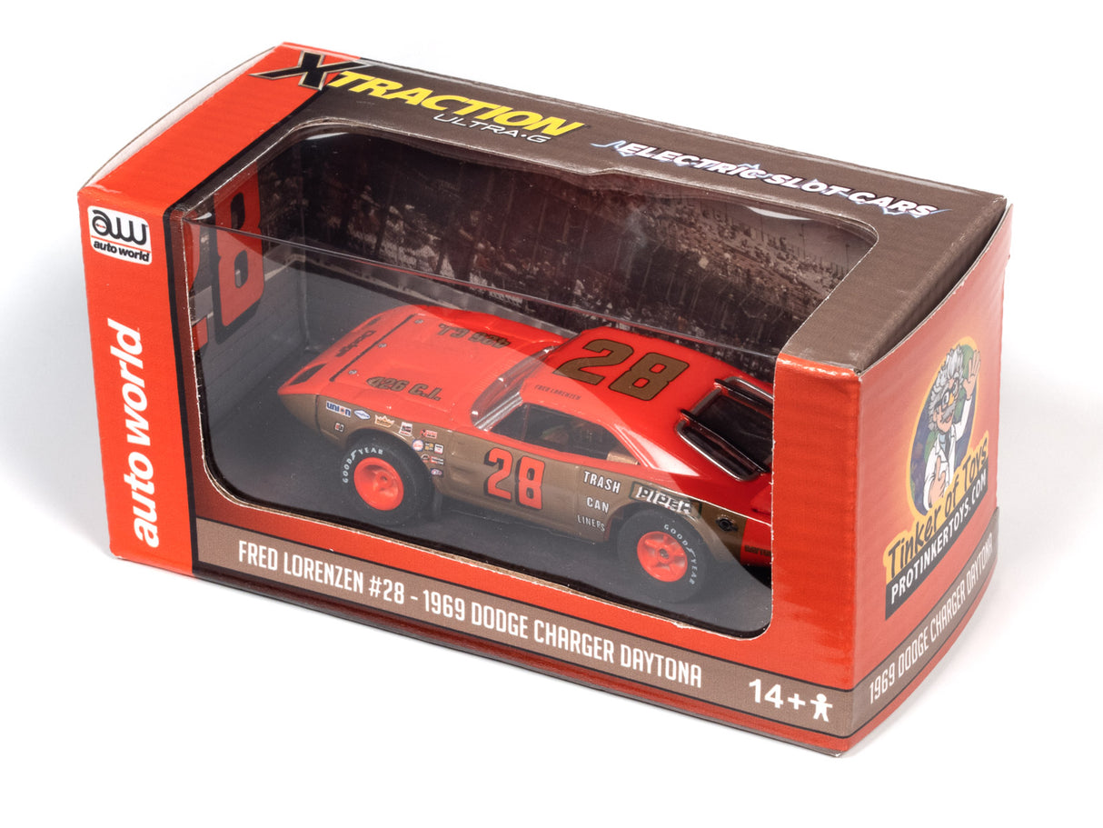 Slot car in box: 1969 Dodge Charger Daytona, Fred Lorenzen #28 for Auto World CP7898