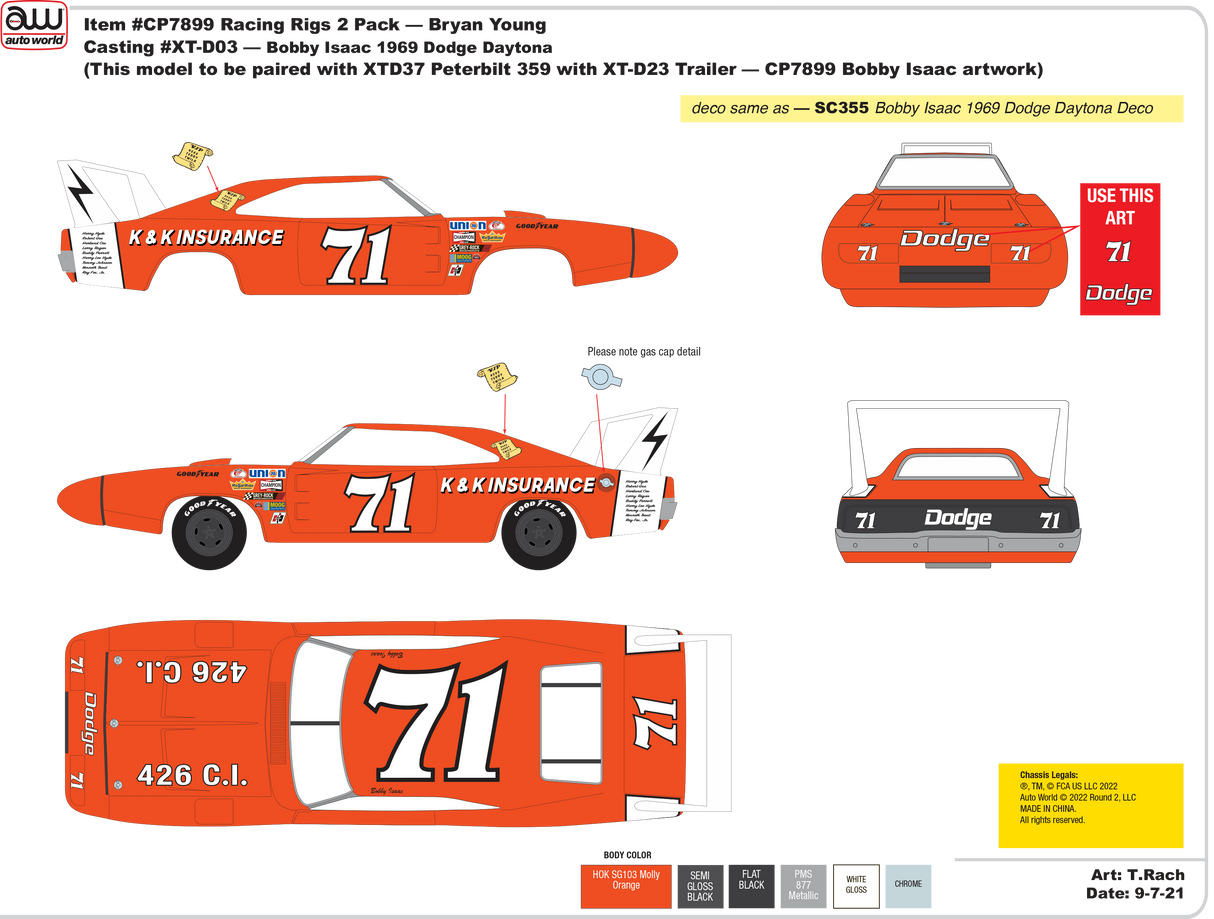 Race car and trailer decals for 1969 Dodge Daytona and Peterbilt 359 for Auto World CP7899