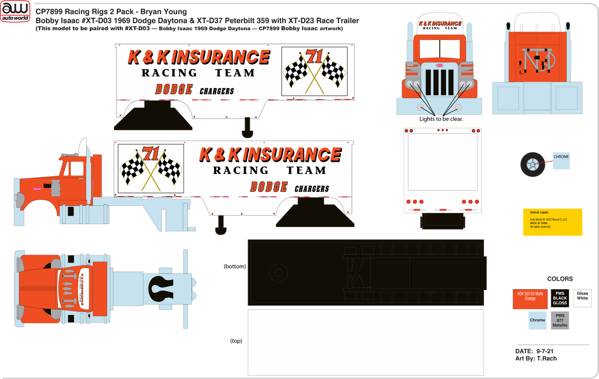 Race car and trailer display featuring Dodge Daytona and Peterbilt truck models for Auto World CP7899