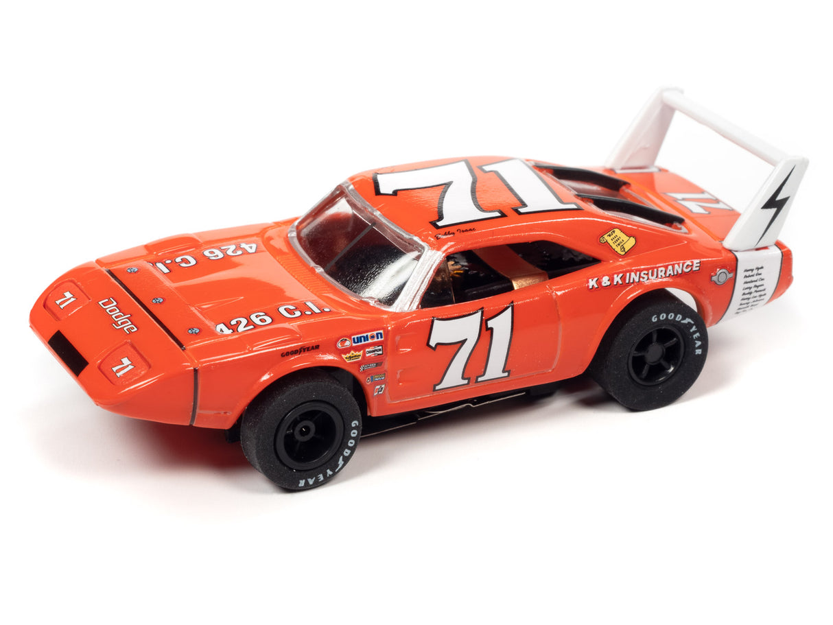 Red slot car of a 1969 Dodge Daytona race car with trailer for Auto World CP7899