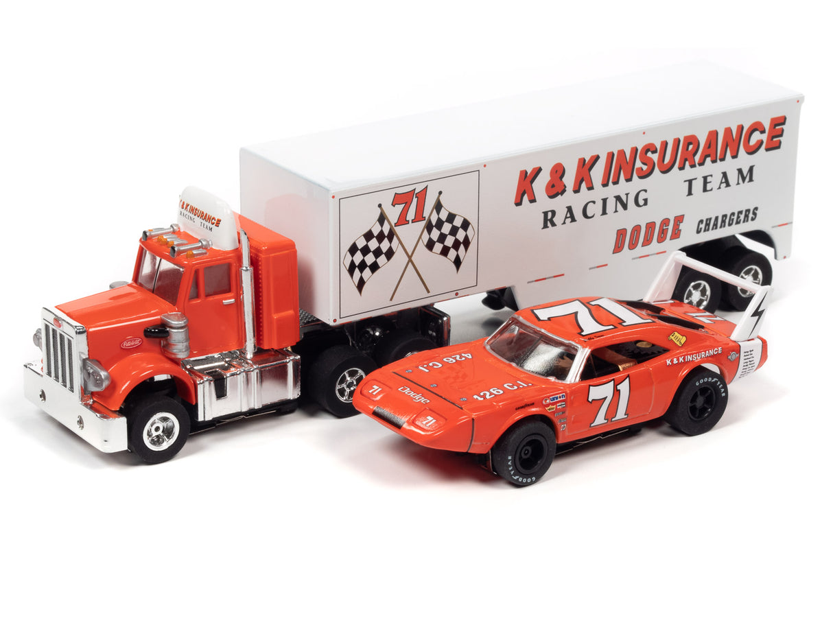 Red race car and trailer with "KandK Insurance" text for Auto World CP7899
