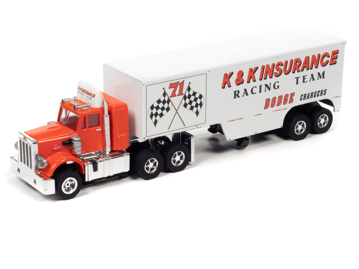 Red and white race truck with "KandK Insurance Racing Team Dodge Chargers" text for Auto World CP7899