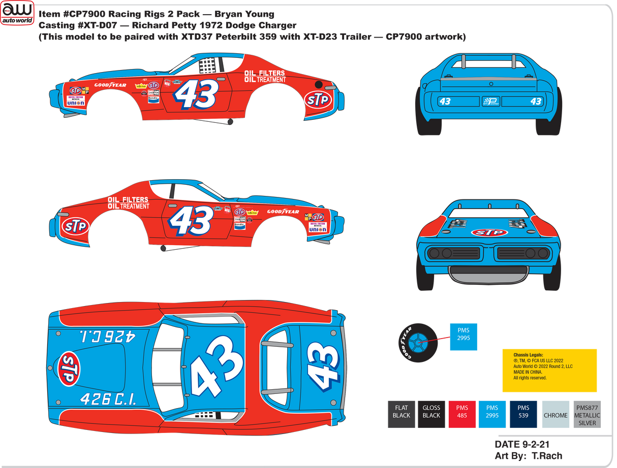 Race car and trailer art featuring Richard Petty's 1972 Dodge Charger for Auto World CP7900