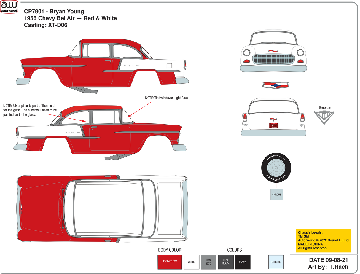 Red and white 1955 Chevy Bel Air car model kit parts layout for Auto World
