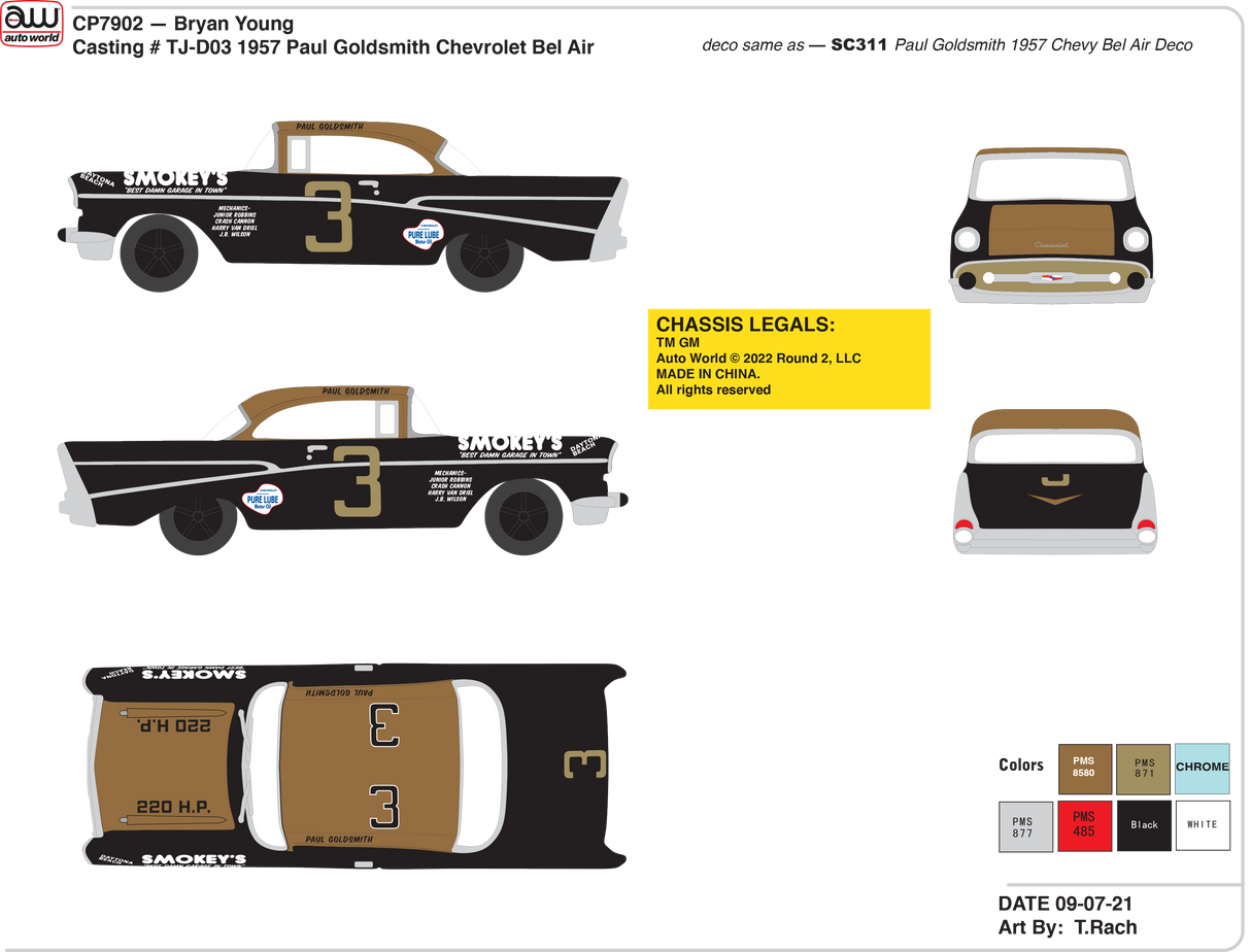 Side and top views of a 1957 Chevy Bel Air racer tribute model for Auto World CP7960