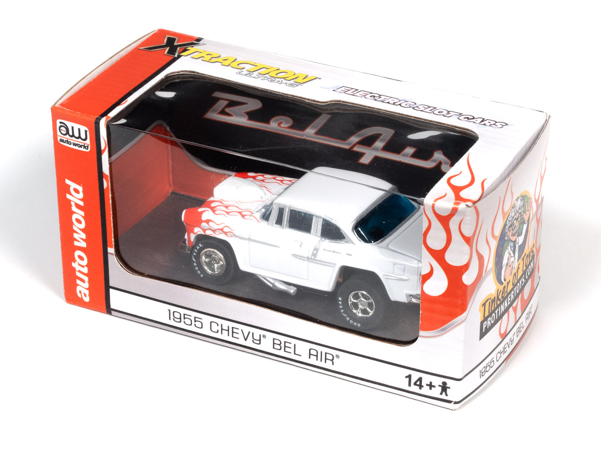 White 1955 Chevy Bel Air toy car with red flame graphics on the box for Auto World CP7903