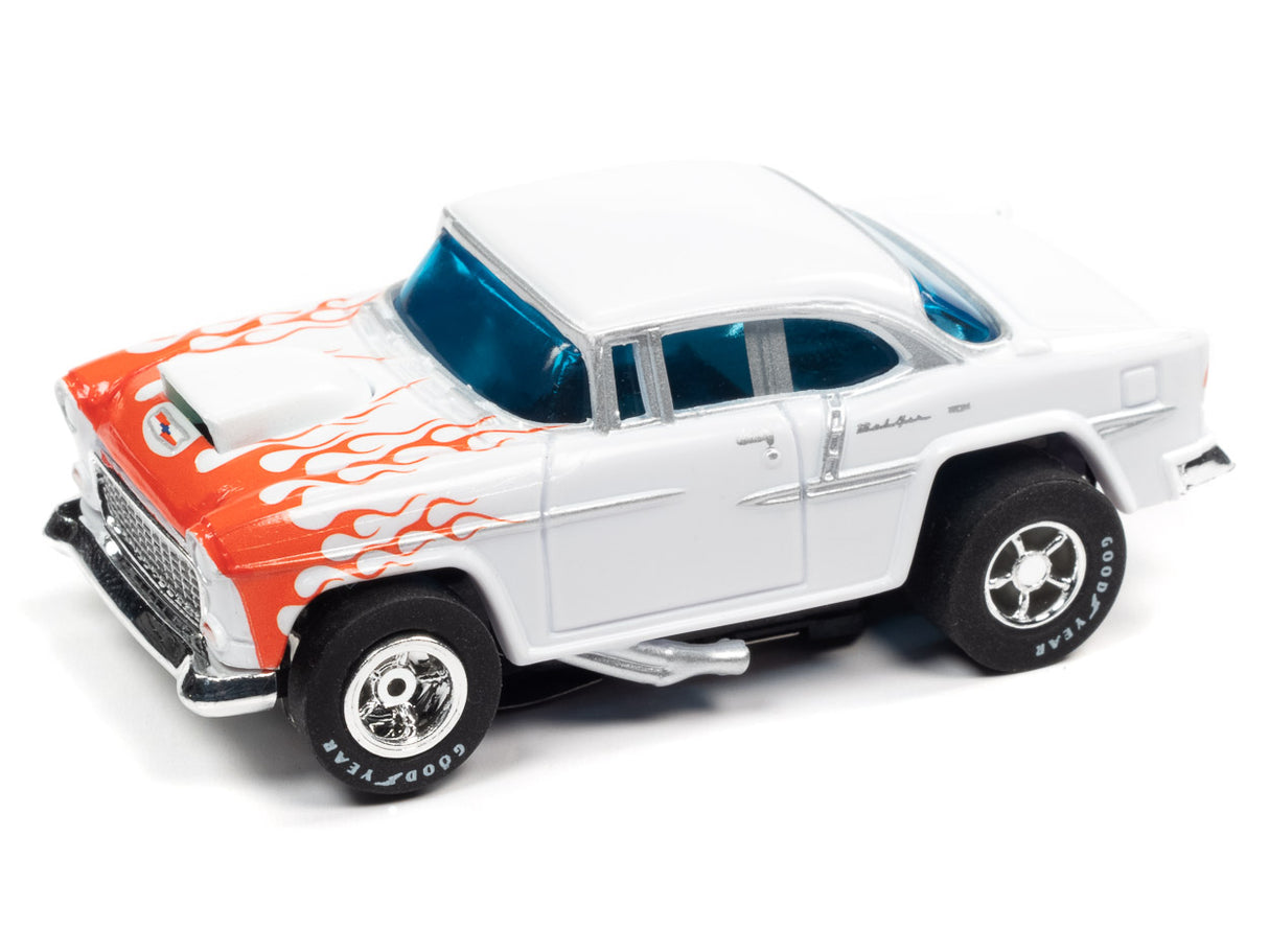 White 1955 Chevy Bel Air toy car with red flames for Auto World CP7903