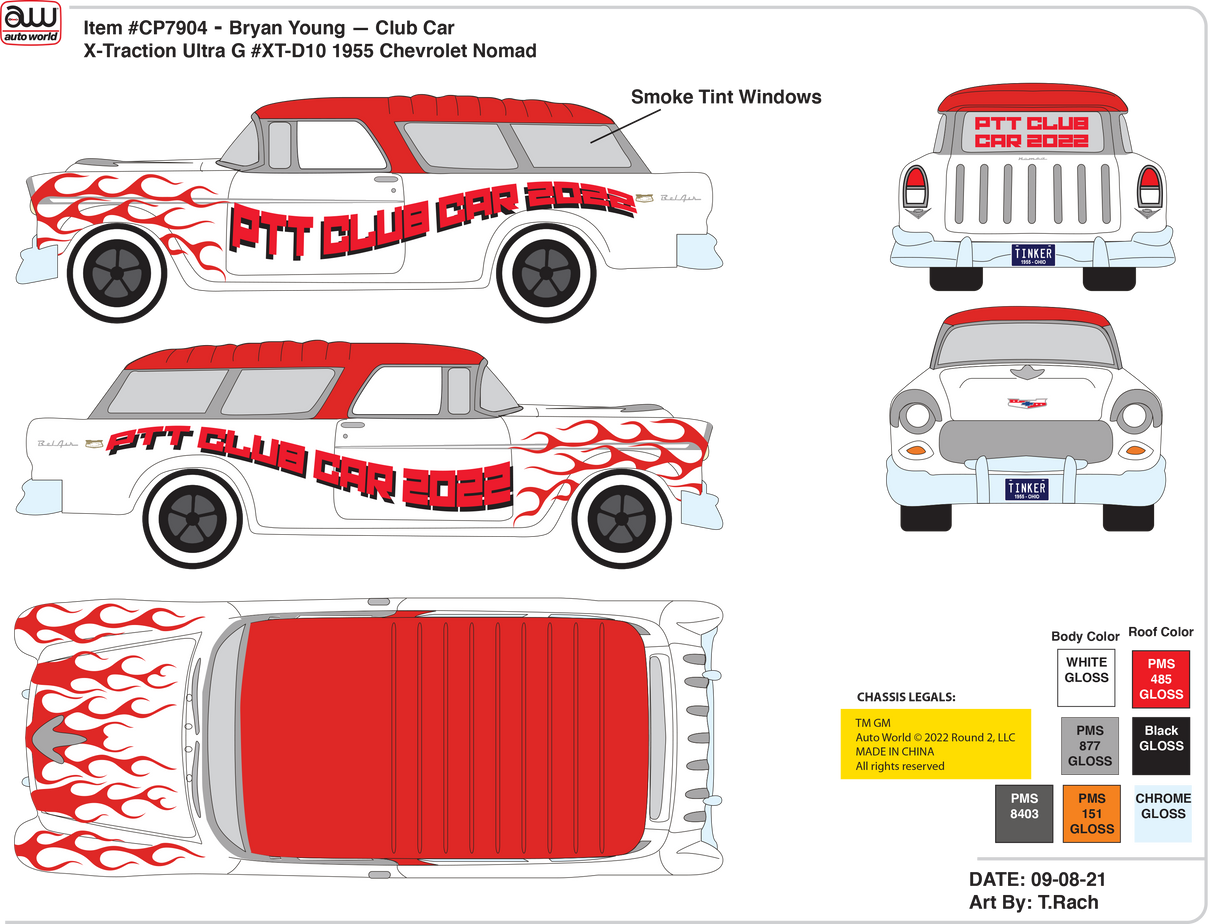 Side and rear views of a 1955 Chevy Nomad with PTT Club Car 2022 graphics for Auto World