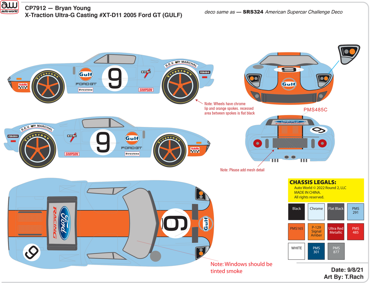 Blue and orange livery for a 2005 Ford GT race car, Gulf #9 for Auto World