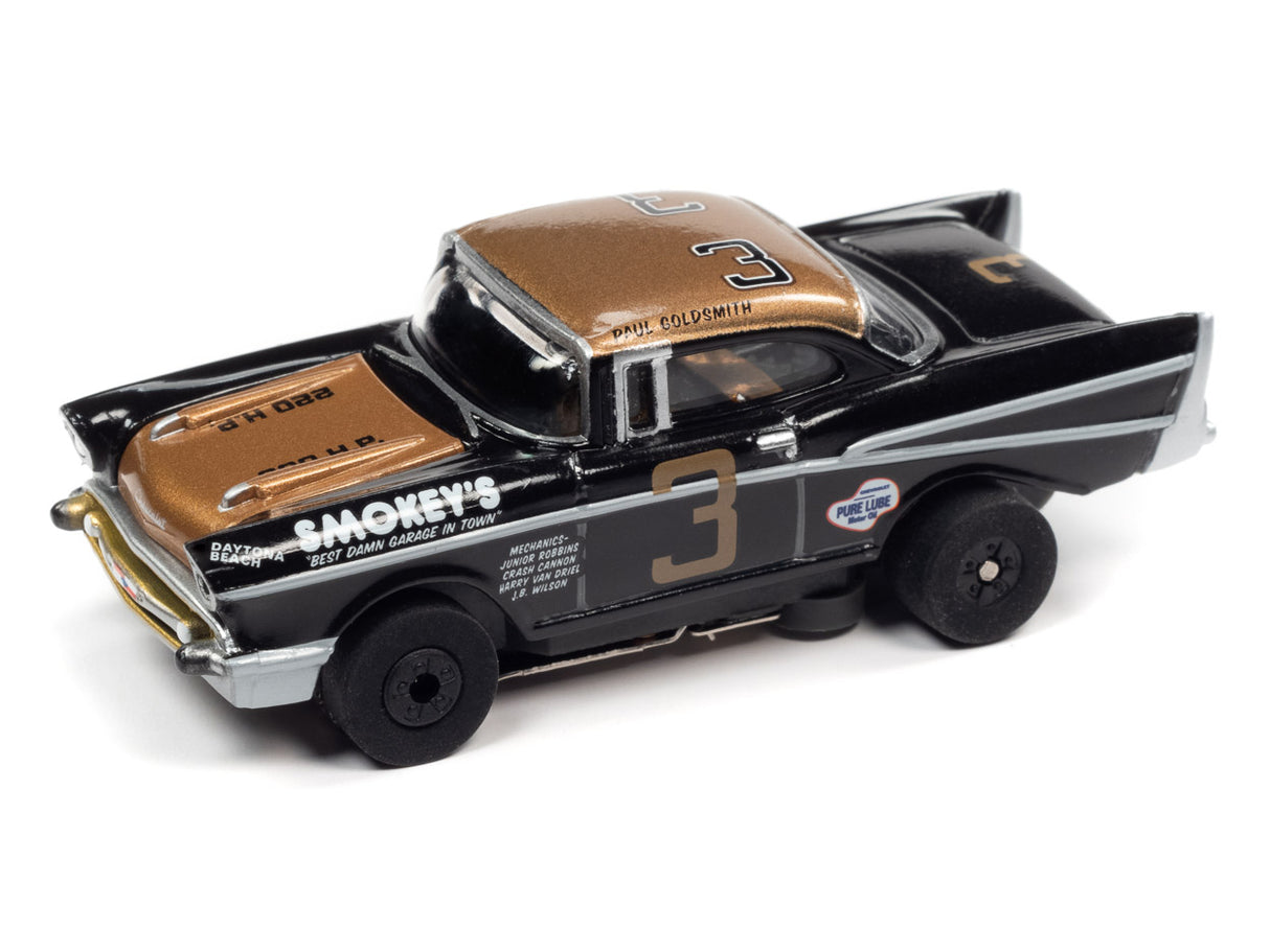 Black and gold 1957 Chevy Bel Air race car toy for Auto World CP7960