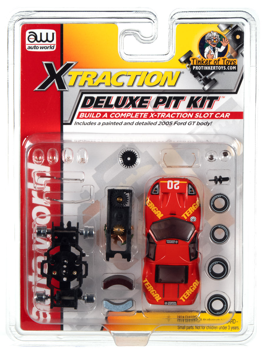 Slot car pit kit with red 2005 Ford GT body and assembly parts for Auto World