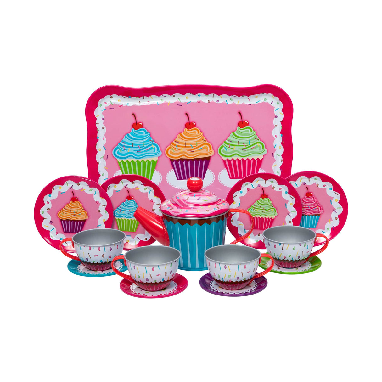 Colorful cupcake tin tea set with cups and creamer for Schylling CPTS, front view