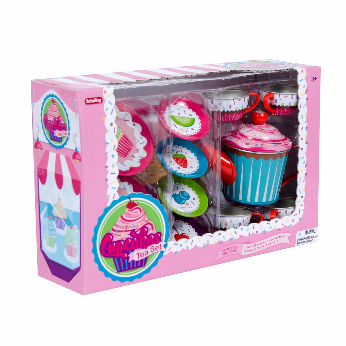 Tea set with colorful cups, plates, and a cupcake container for Schylling CPTS