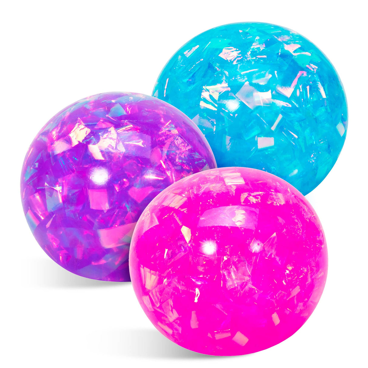 Three colorful, iridescent, spherical stress balls for Schylling CSB