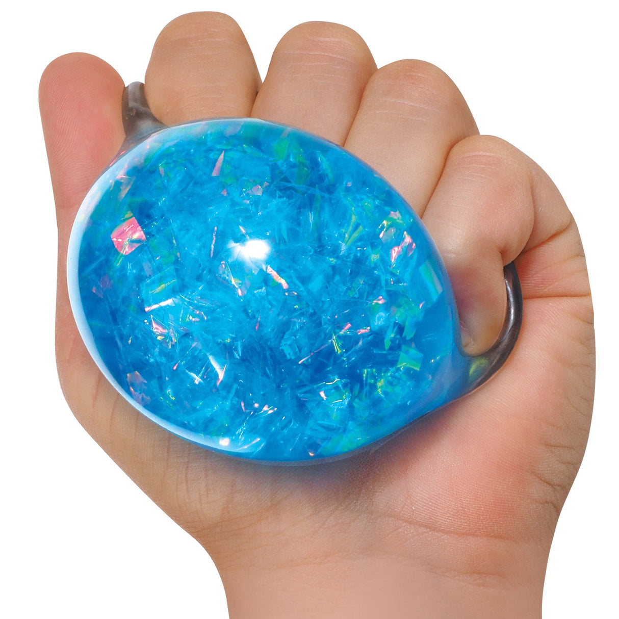 Blue, iridescent crystal pendant held in an open hand for Schylling CSB
