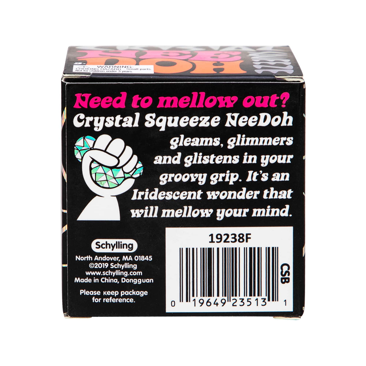 Product box for Crystal Nee Doh, featuring a hand graphic and product details for Schylling CSB