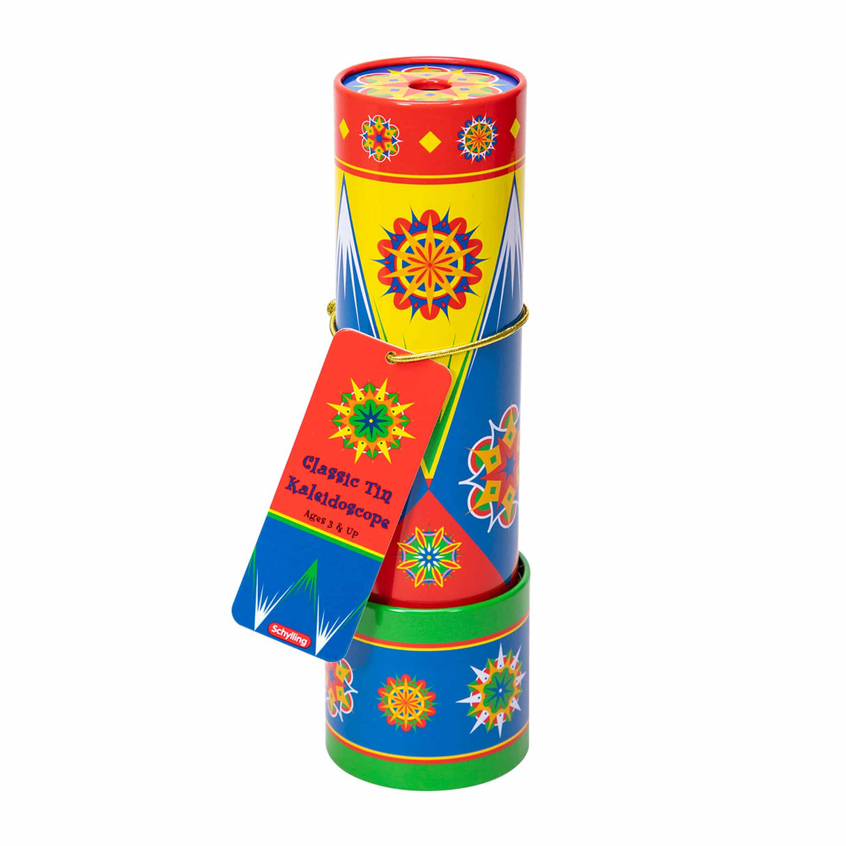 Colorful, cylindrical kaleidoscope with a tag reading "Classic Tin Kaleidoscope." for Schylling CTK
