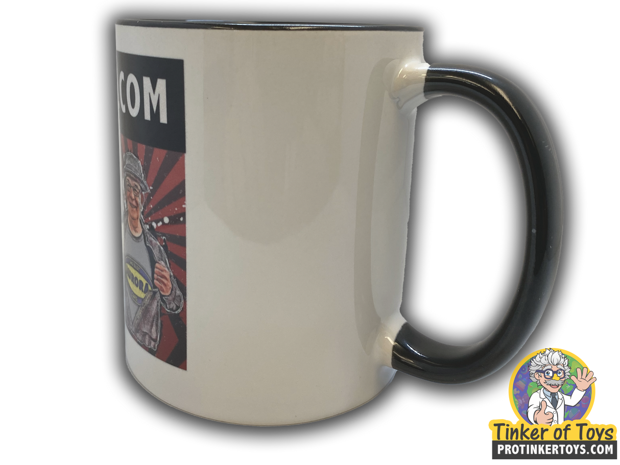Mug featuring a cartoon man with a retro, comic-book style design