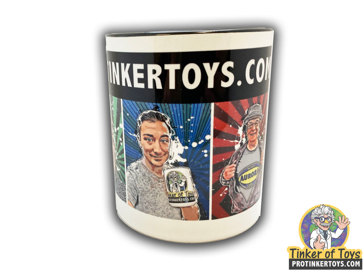 Cartoon mug featuring three characters with retro, comic-style artwork