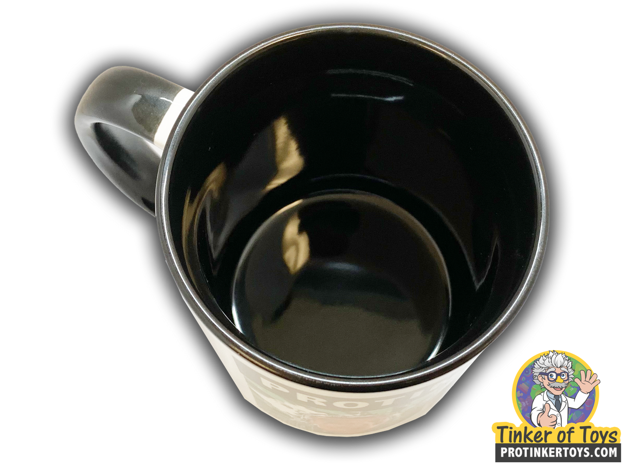 Black coffee mug with cartoon character design