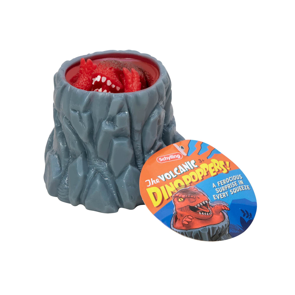 Dinosaur-shaped toy with red filling and circular tag for Schylling DPOP
