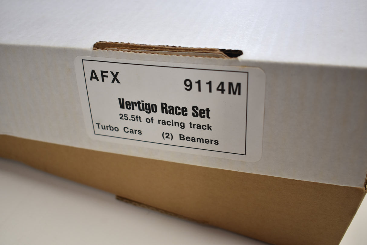 Box label showing AFX 9114M Vertigo Race Set for slot cars for Tomy AFX AURORA