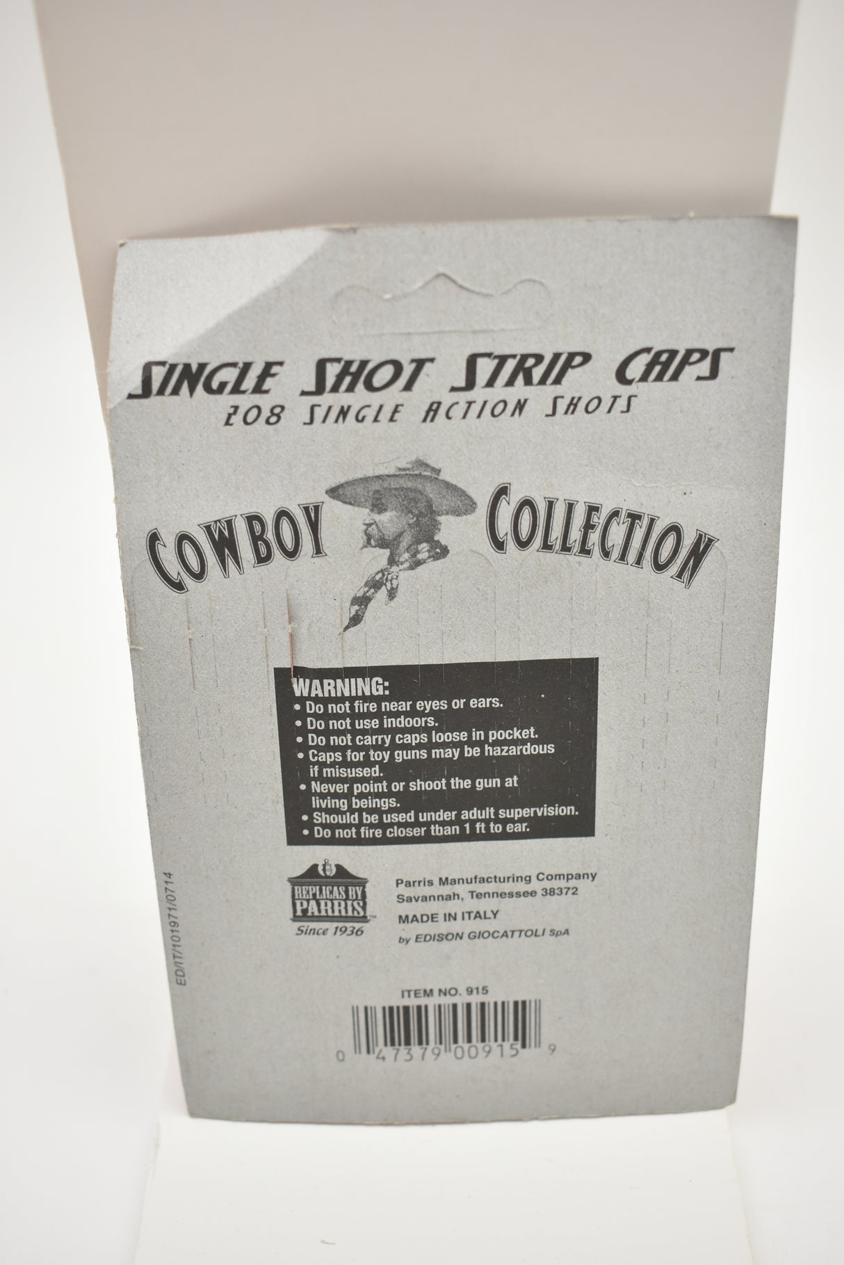 Box for cowboy single shot strip caps, warning labels visible for Parris Toys 915