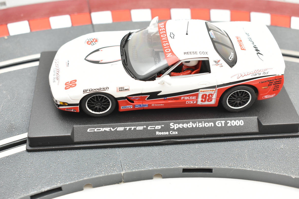 Slot car of a white Corvette C5 Speedvision GT 2000 race car for Fly Car 88075
