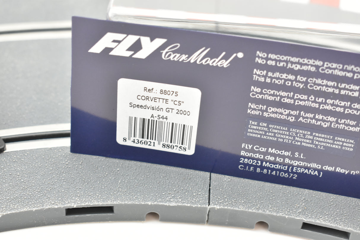 Product packaging showing Corvette C5 Speedvision GT 2000 model details for Fly Car 88075