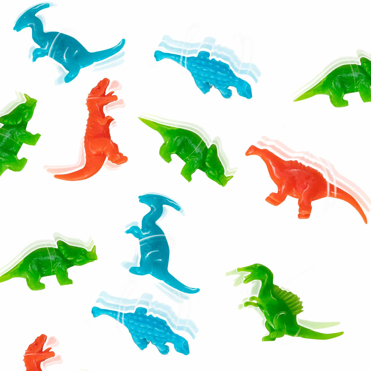Colorful, plastic dinosaur toys scattered on a white background for Schylling DWC