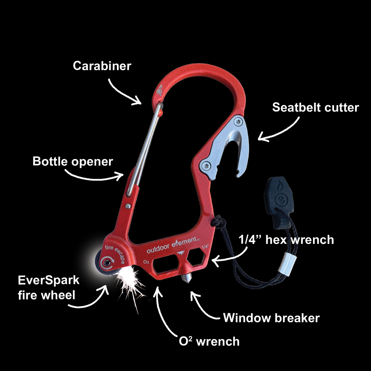 Multitool carabiner with fire wheel, bottle opener, window breaker, and various tools for Outdoor Element BlackForest