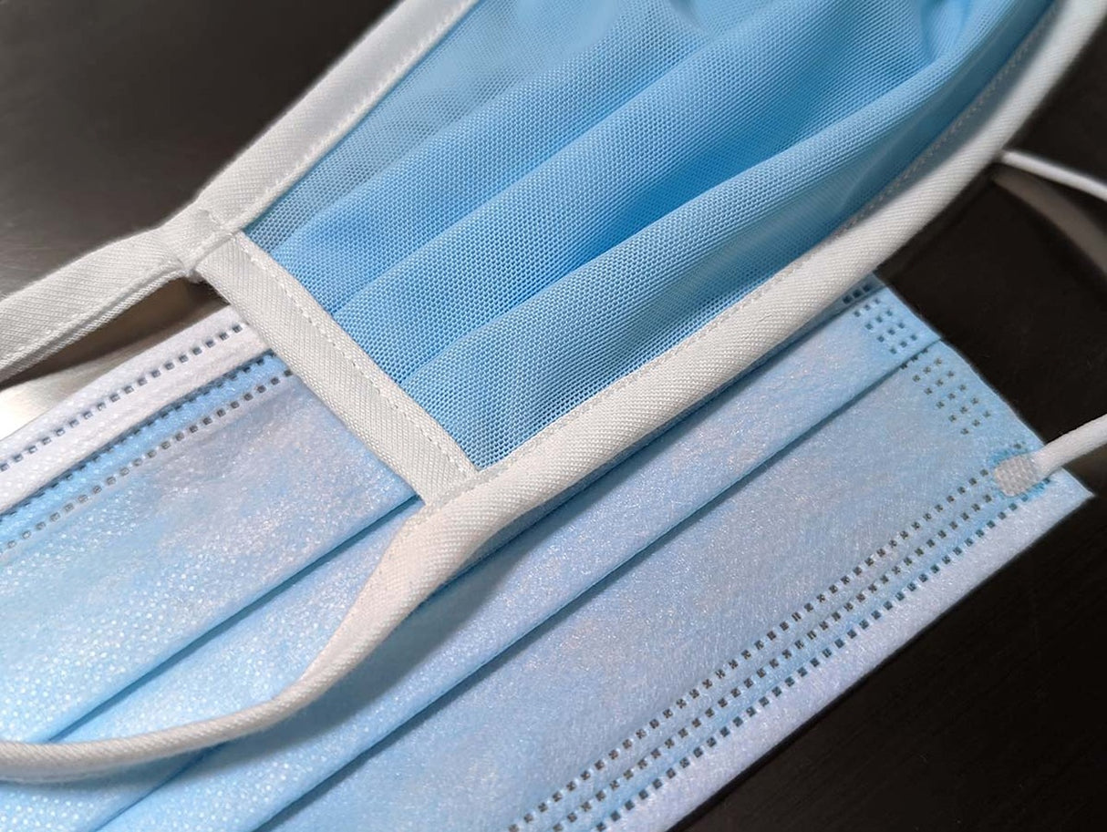 Light blue disposable face mask with white ear loops for Fake Mask USA, rear view