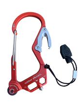 Red carabiner multitool with attached whistle and key holder for Outdoor Element BlackForest