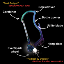 Multitool carabiner with fire-starting wheel, screwdriver, bottle opener, and utility blade for Outdoor Element 71960