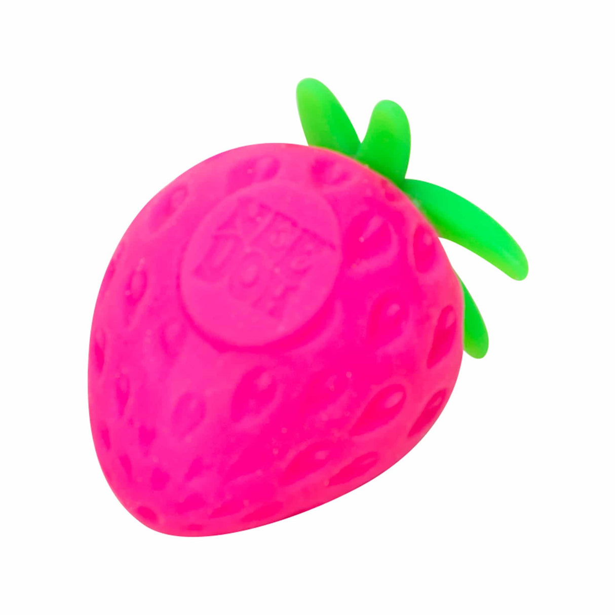 Bright pink, groovy strawberry-shaped sensory toy with green leaves for Schylling GFND