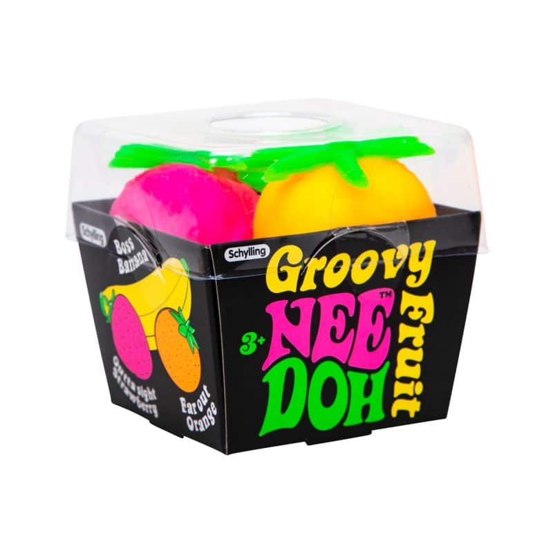 Colorful fruit-shaped dough toys in a clear plastic container for Schylling GFND