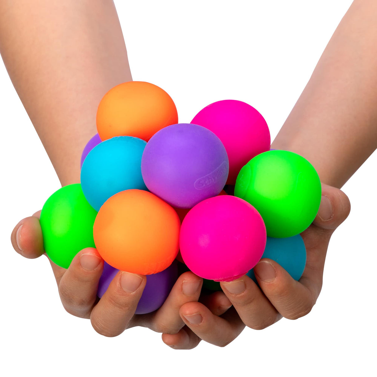Colorful, squishy balls held in cupped hands for Schylling GGTND