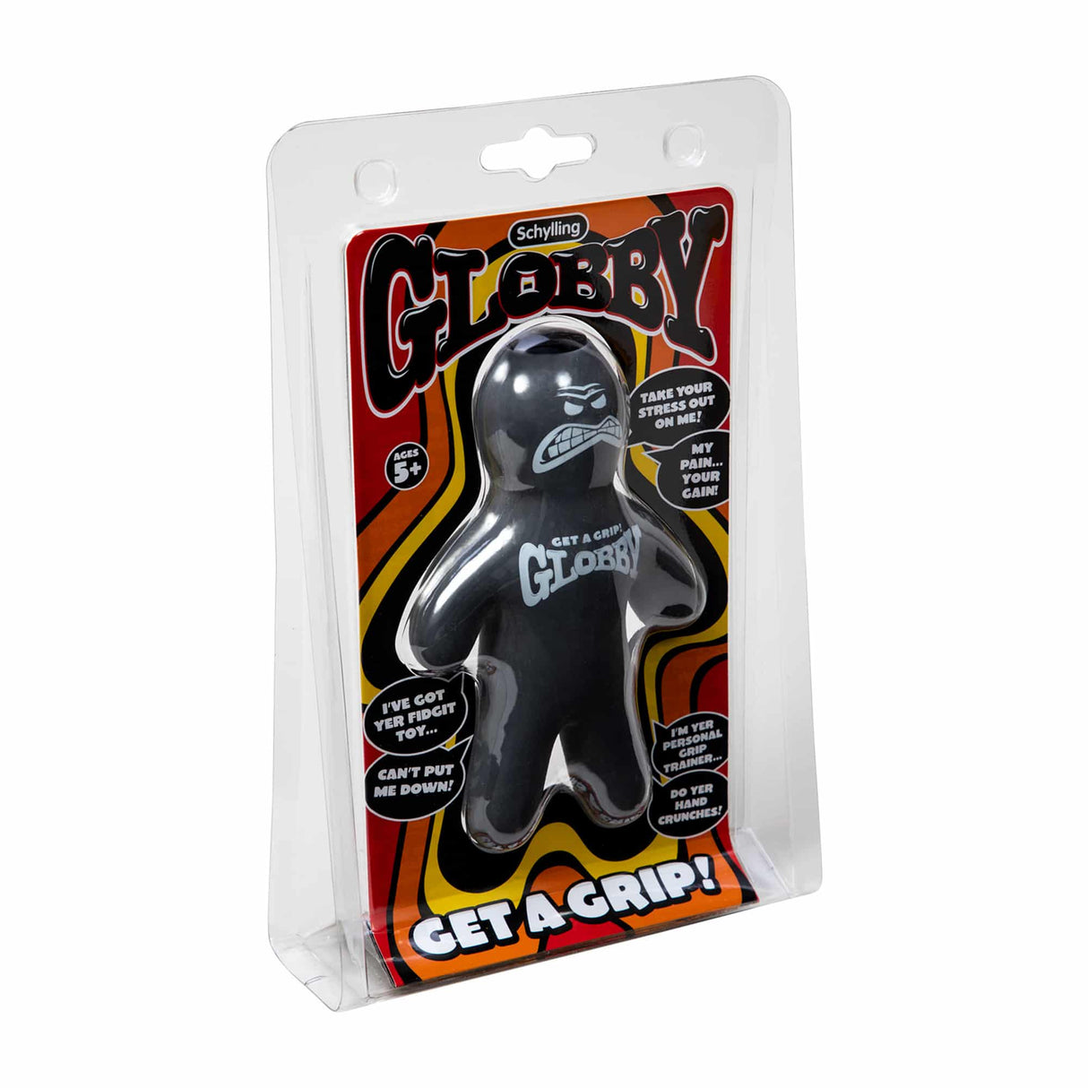 Black stress ball toy in clear packaging with colorful graphics for Schylling GLOB