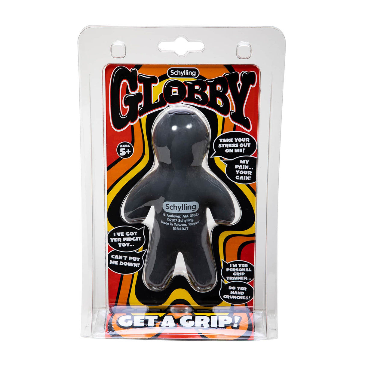Black stress ball toy in clear packaging for hand exercise for Schylling GLOB