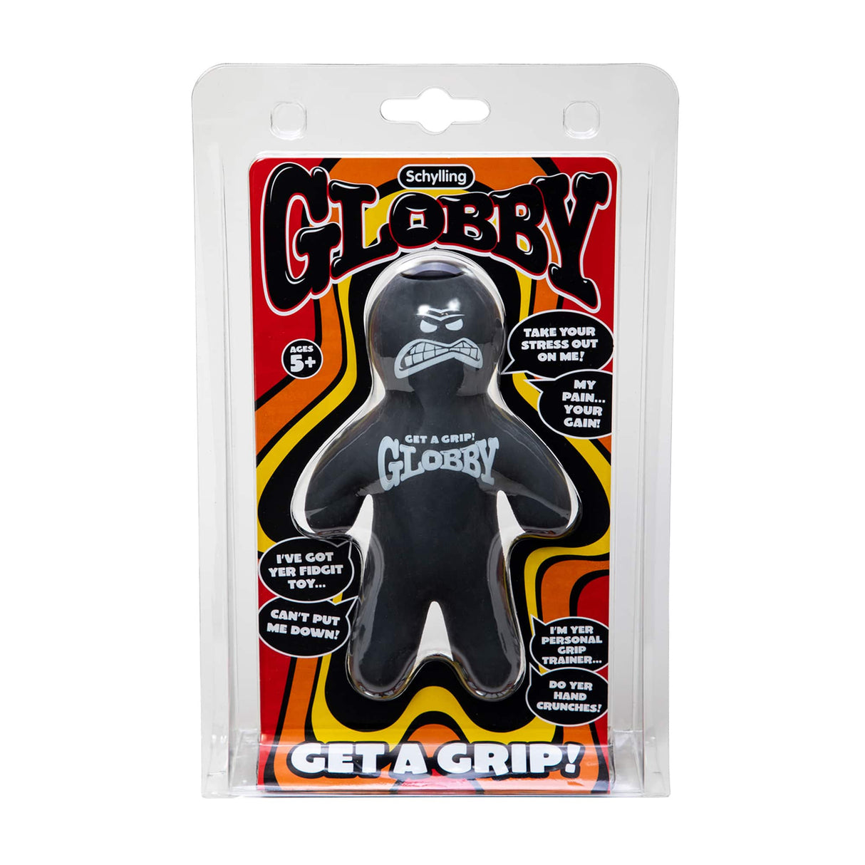 Black stress ball toy in clear packaging with colorful text for Schylling GLOB