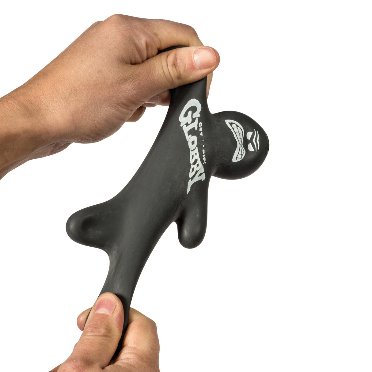 Hand holding a black, stylized figure, the Globby for Schylling