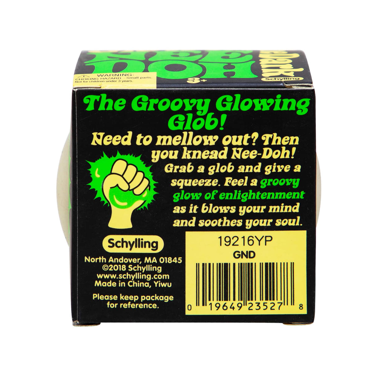 Glow in the dark toy packaging with instructions and product details for Schylling GND