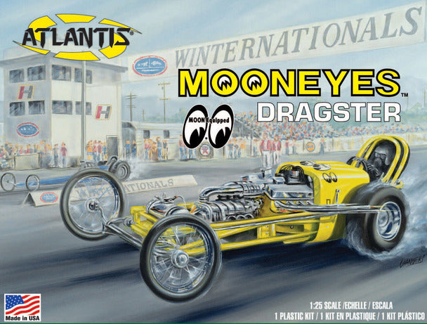 Yellow dragster model kit on a track with buildings and crowd in the background for Atlantis Model Co ALM1223