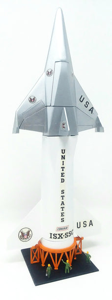 Model kit of a space shuttlecraft with figures on the launchpad for Atlantis Model Co ALM1828