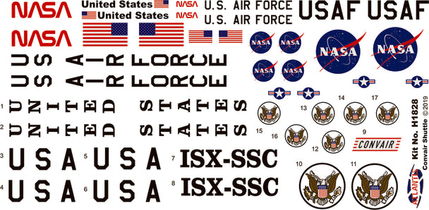 Model kit decals showing NASA, US flags, and shuttle markings for assembly for Atlantis Model Co ALM1828